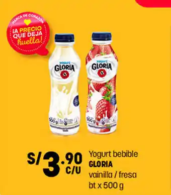 Plaza Vea Yogurt bebible Gloria vainilla / fresa bt x 500g oferta