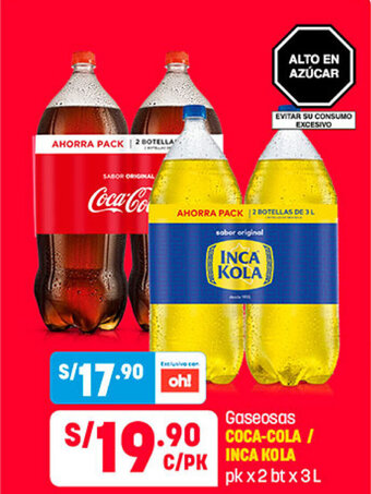Plaza Vea Gaseosas Coca-Cola / Inca Kola pk x 2 bt x 3 L oferta