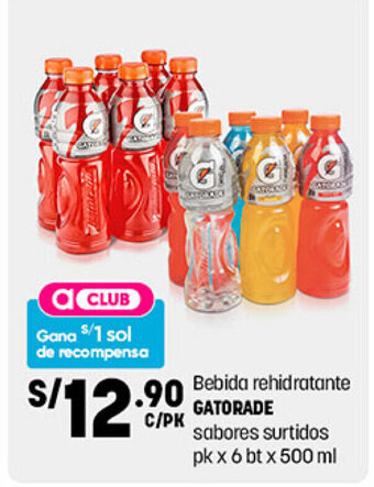 Plaza Vea Bebida rehidratante Gatorade sabores surtidos pk x 6 bt x 500 ml oferta