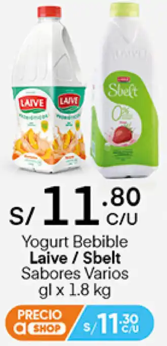 Plaza Vea Yogurt Bebible Laive/Sbelt Sabores Varios 1,8kg oferta