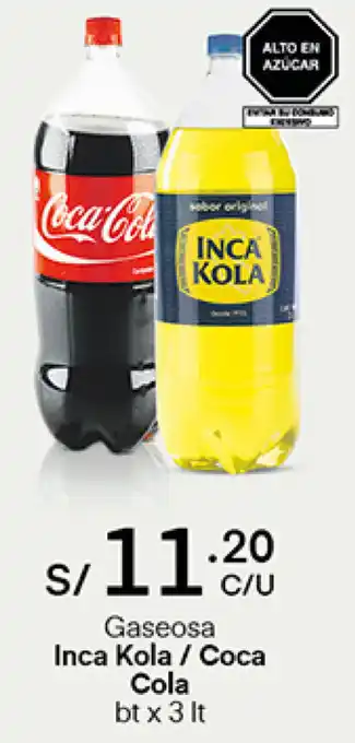 Plaza Vea Gaseosa Inca Kola/Coca Cola 3L oferta