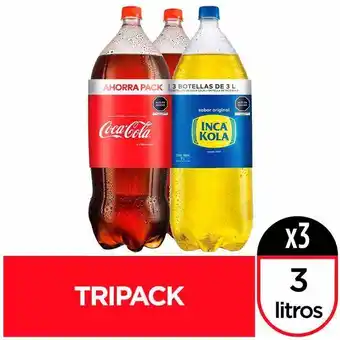 Vivanda Gaseosa coca cola + inca kola botella 3l paquete 3un oferta