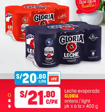 Plaza Vea Leche evaporada Gloria entera / Light pk x 6 la x 400g oferta