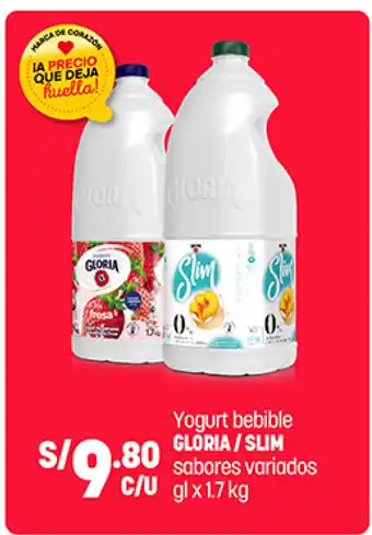 Plaza Vea Yogurt Bebible Gloria / SLim sabores variados gl x 1.7 kg oferta