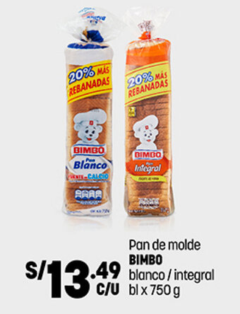 Plaza Vea Pan de molde Bimbo blanco / integral bl x 750g oferta