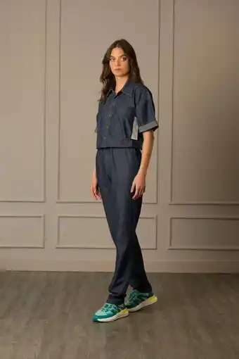 Enterizo ungendered denim por cuero para mujer manga corta