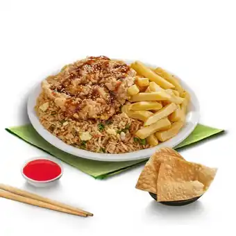 China Wok Mostrito promo mostricrunch: pollo chi jau crunch + papas fritas + arroz chaufa de pollo + 2 wantanes oferta