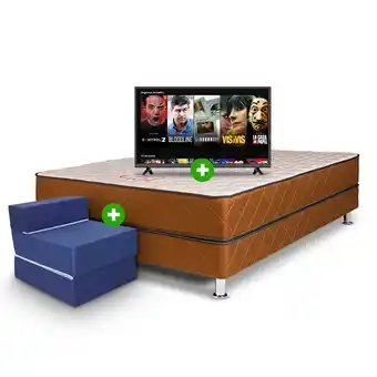 Tottus Combo cama majestic marron 2 plazas + smart tv 32" jvc + sofá cama oferta