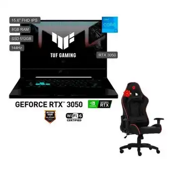 Hiraoka Laptop gamer asus tuf dash f15 fx516pc-hn558w 15.6" intel core i5-11300h 512gb ssd 8gb ram + silla gamer argom tech arg-ch-90 oferta