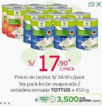 Tottus Six Pack Leche Evaporada/Semidescremada Tottus 410g oferta