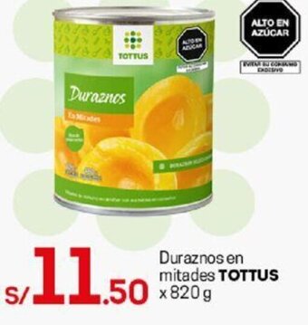 Tottus Duraznos en Mitades Tottus 820g oferta