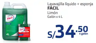 Plaza Vea Lavavajilla Líquida + Esponja Fácil Limón Galón 4L oferta