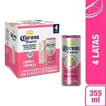 Vivanda Bebida alcohólica corona tropical de limón y toronja lata 355ml paquete 4un oferta