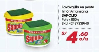 Hiperbodega Precio Uno Sapolio Lavavajilla en pasta limon / manzana 800g oferta
