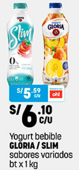 Plaza Vea Yogurt Bebible Gloria/Slim Sabores Variados 1kg oferta