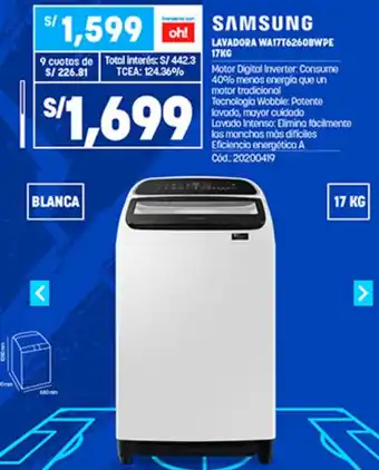 Plaza Vea Samsung Lavadora WA17T62260BWPE 17kg oferta