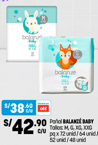 Plaza Vea Pañal Balanzé Baby M, G, XG, XXG pq x 72/64/52/48 Unid oferta