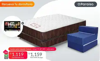 Falabella Paraiso Combo Cama Majestic 2 Plazas + Smart TV 32" JVC + Sofá Cama oferta