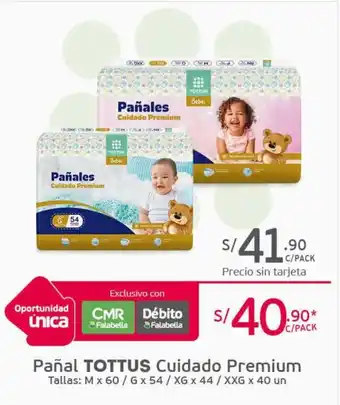 Tottus Pañal Tottus Cuidado Premium M x 60 / G x 54 / XG x 44 / XXG x 40 un oferta