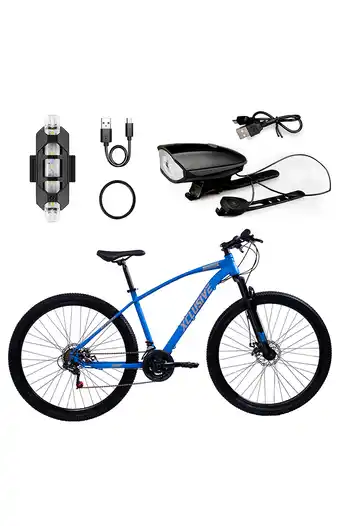 Tiendas EFE Bicicleta xclusive acero aro 29 azul disco mecánico + kit de luces delantera negro y trasera blanco oferta