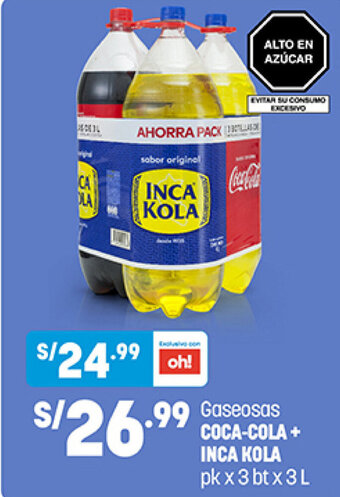 Plaza Vea Coca Cola + Inca Kola Gaseosas pk x 3 bt x 3 L oferta