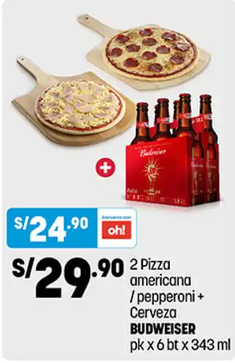 Plaza Vea Budweiser pk x 6 bt x 343 ml Cerveza + 2 Pizza americana / pepperoni oferta