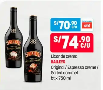 Plaza Vea Bailey's Licor de crema Original / Espresso creme / Salted Caramel bt x 750 ml oferta
