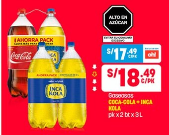Plaza Vea Coca Cola + Inca Kola Gaseosas pk x 2 bt x 3 L oferta