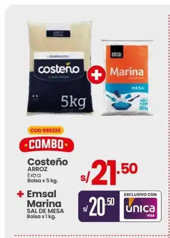 Vega Costeño Arroz Extra Bolsa x 5 kg + Emsal Marina Sal de mesa bolsa x 1 kg oferta
