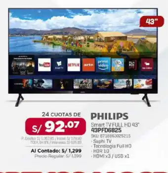 Carsa Smart tv full hd 43" 43PFD3825 SKU: 8718863025215 oferta