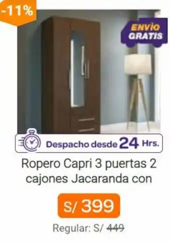 Promart Ropero Capri 3 Puertas 2 Cajones Jacaranda con oferta