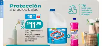Plaza Vea Clorox Leija Tradicional bt x 4 kg + Limpiatodo POETT Alegra tu dia / Primavera / lavanda / Bebe bt x 900 ml oferta