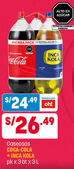 Plaza Vea Coca Cola + Inca Kola Gaseosas pk x 3 bt x 3 L oferta