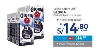 Makro Gloria Leche entera UHT Pack de 3 unids x 1 L oferta