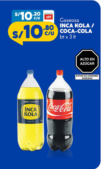 Plaza Vea Inca KOla / Coca Cola Gaseosa bt x 3 lt oferta