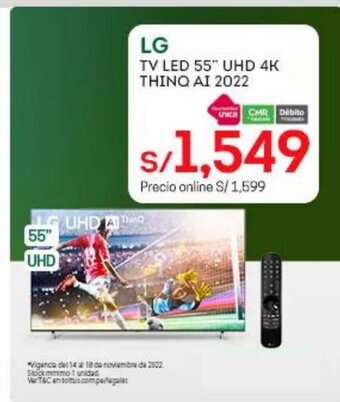 Tottus LG Tv LED 55"UHD 4K ThinQ AI 2022 oferta