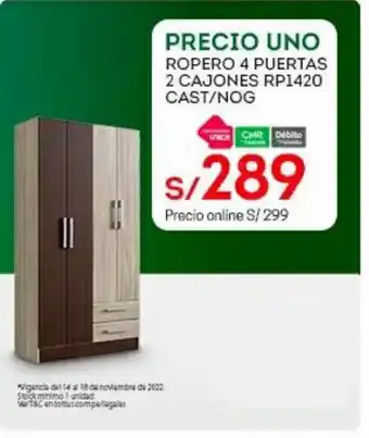 Tottus Precio Uno Ropero 4 Puertas 2 Cajones RP1420 Cast / NOG oferta