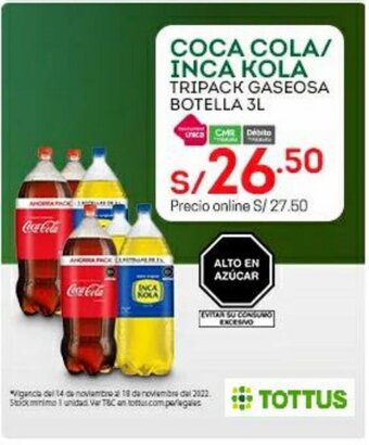 Tottus Coca Cola / Inca Kola Tripack Gaseosa Botella 3L oferta