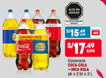 Plaza Vea Coca Cola + Inca Kola Gaseosas pk x 2 bt x 3 L oferta