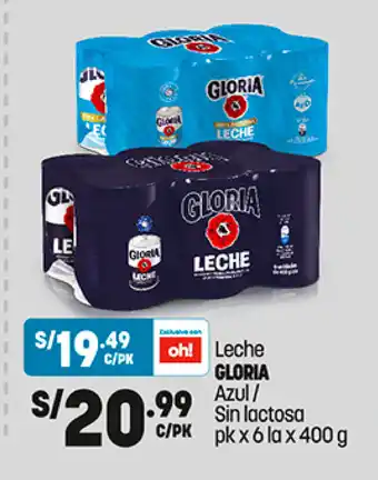 Plaza Vea Gloria Leche Azul / sin lactosa pk x 6 la x 400g oferta