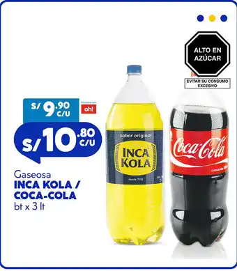 Plaza Vea Inca Kola / Coca Cola Gaseosa bt x 3 lt oferta