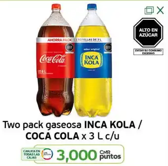 Tottus Two Pack Gaseosa Inca Kola/Coca Cola x 3L c/u oferta