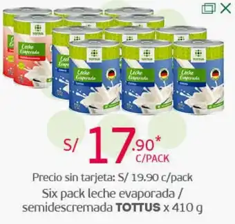Tottus Six Pack Leche Evaporada / Semidescremada Tottus 410g oferta