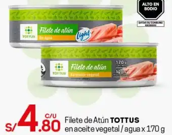Tottus Filete de Atún Tottus en Aceite Vegetal / Agua 170g oferta
