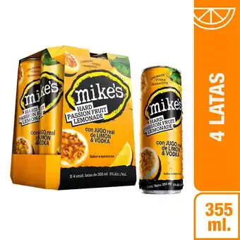 Tottus Four pack bebida alcoholica mikes hard fruta limón y maracuyá 4 unidades oferta