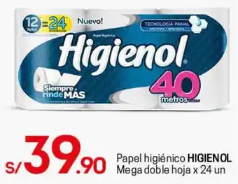 Tottus Papel Higiénico Higienol Mega Doble Hoja 24un oferta