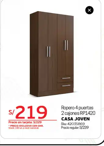 Tottus Ropero 4 Puertas 2 Cajones RP1420 oferta