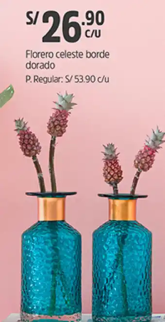 Plaza Vea Florero Celeste Borde Dorado oferta