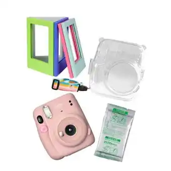 Hiraoka Cámara instax fujifilm mini 11 rosado + pack10 + mini marco + estuche oferta