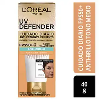 Mifarma Protector solar anti edad uv defender l'oréal paris skin care fps 50+ anti brillo tono medio - tubo 40 ml oferta